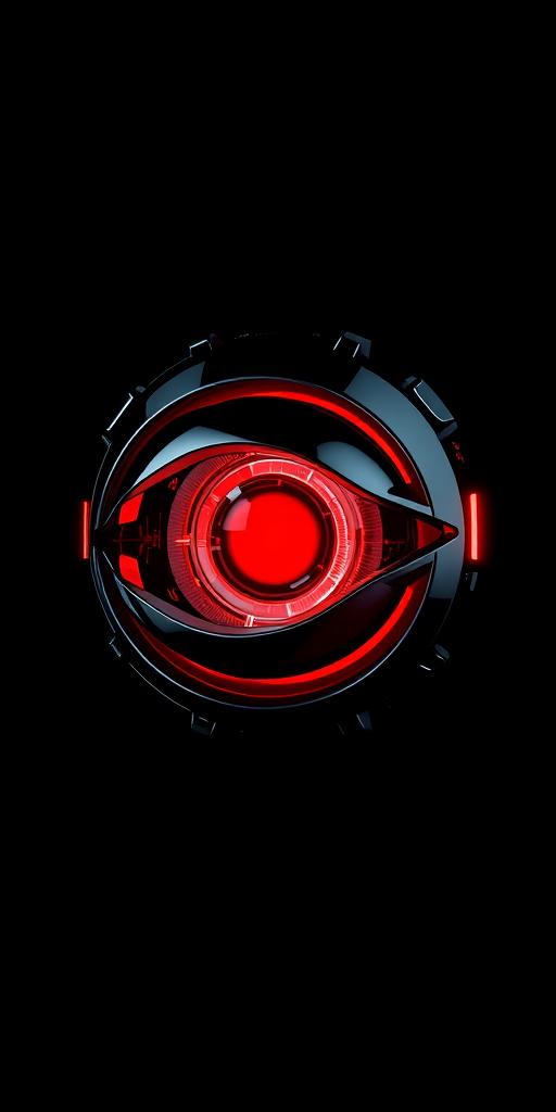 Create a high-resolution digital illustration of a sleek robotic eye with a glowing red center, using a DSLR camera with a 50mm lens, f/1.8 aperture, ISO 100, and a shallow depth of field, captured from a centered eye-level perspective against a stark black background, emphasizing reflections and details in the metallic surface.