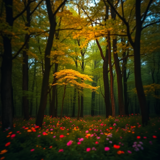 Create a mystical forest scene with vibrant, glowing trees and colorful flowers, captured with a DSLR camera at f/2.8 aperture, 50mm lens, ISO 100, long exposure of 2 seconds, in soft focus to enhance the dreamlike atmosphere.