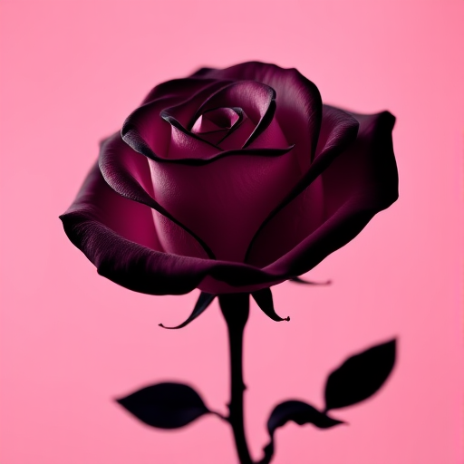 Create a high-resolution image of a stylized, ornate black silhouette of a rose on a soft pink background, shot with a DSLR camera at aperture f/2.8, shutter speed 1/100s, ISO 100, utilizing a macro lens for shallow depth of field and vibrant color contrast.