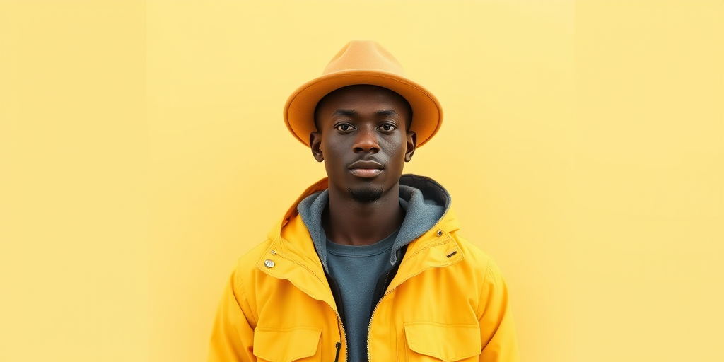 Regenerate the image of a person standing with a neutral expression, wearing a yellow jacket and a hat, against a solid light yellow background, using a Canon EOS R5 with a 50mm f/1.8 lens, aperture set to f/2.8, ISO 100, with soft diffused natural lighting for a clean and vibrant look.