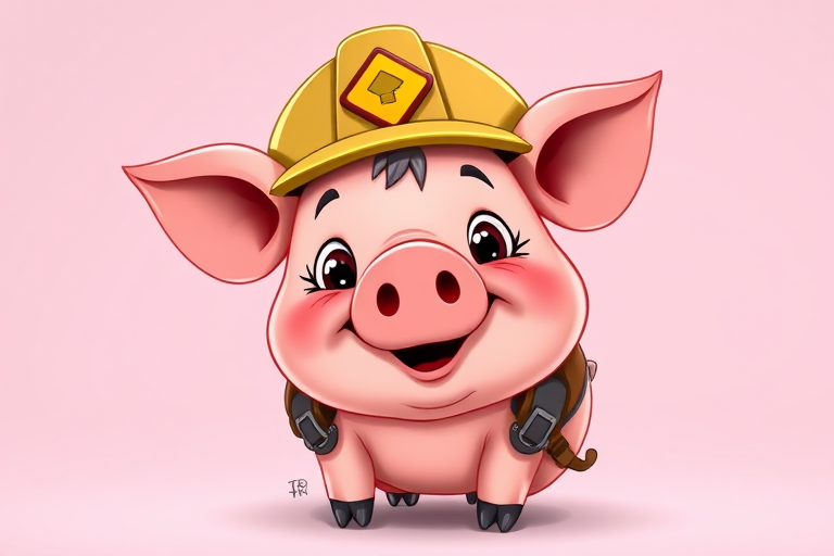 Create a high-resolution cartoon image of a pig wearing a mining hat and harness, with a friendly expression, captured in a vibrant, colorful style, using a DSLR camera with a 50mm lens at f/2.8, ISO 100, and 1/250s shutter speed, in a well-lit studio setting.