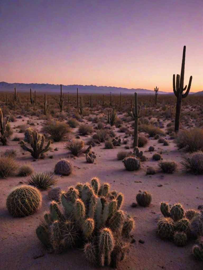 Soft-focus image of a tranquil desert landscape at dusk, with soft purple and orange hues in the sky, scattered cacti silhouetted against the fading light.