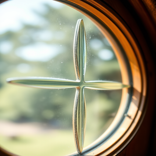 Create a high-resolution image of a circular window design featuring four segments, made of a smooth glass-like material within a detailed wooden frame, captured with a DSLR camera at f/4, ISO 200, 1/100 sec shutter speed, in natural light, using a macro lens for close-up detail.