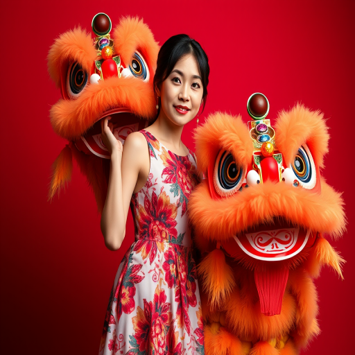 A woman in a colorful dress posing next to a traditional lion dance costume, red backdrop, soft lighting, portrait mode, f/2.8 aperture, 50mm lens, ISO 100, high resolution, studio photography.