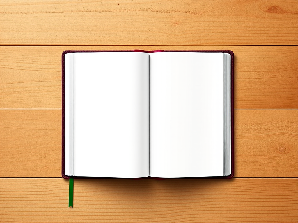 Create a high-resolution digital illustration of a blank book with a glossy cover, placed on a wooden table, using a DSLR camera with a 50mm lens, f/2.8 aperture, ISO 100, 1/200s shutter speed, top-down view, in natural light for enhanced image quality.