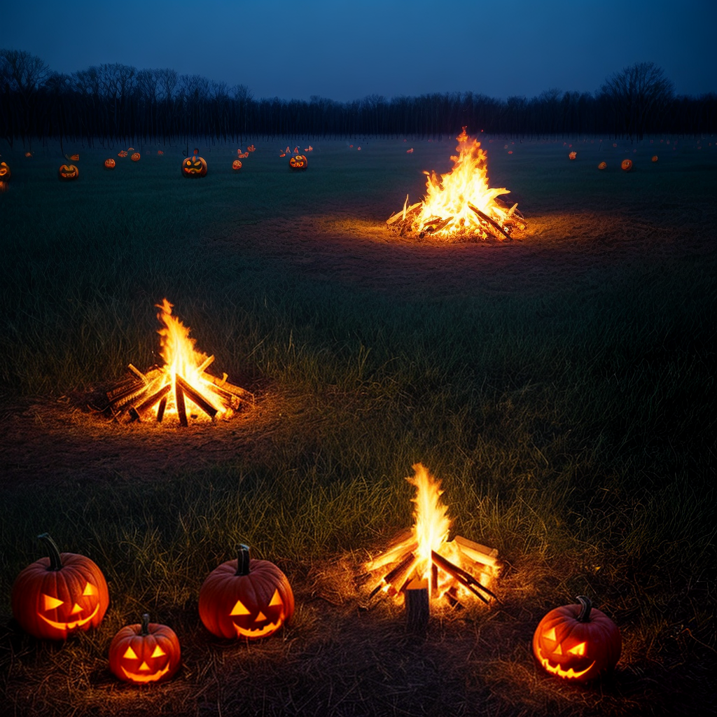 Skulls and bonfire in the cemetery and a jack-o'-lantern and halloween puppet surrounded by glowing bonfires in a dark forest, quality / MARS33 anu33.pl