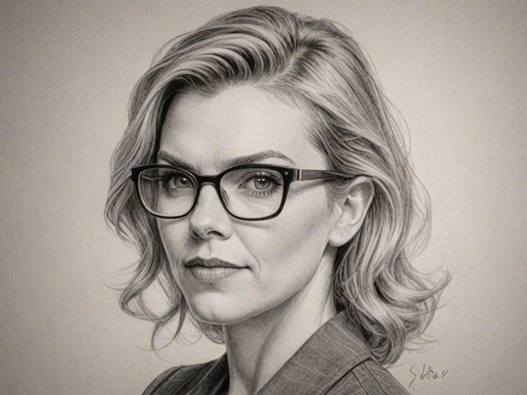 Dazzling Rhea Seehorn, pencil sketch, portrait of Captivating woman 1959s in glasses, hair style beatnik, outline, clear lines, fine lines, 8k