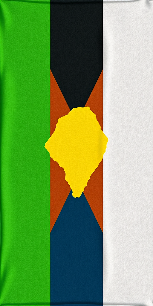 Design a vibrant flag featuring a central yellow silhouette of an island, set against horizontal stripes of green, brown, and blue, captured with a DSLR camera, aperture f/8, ISO 100, focus 50mm, top-down view, contemporary style.
