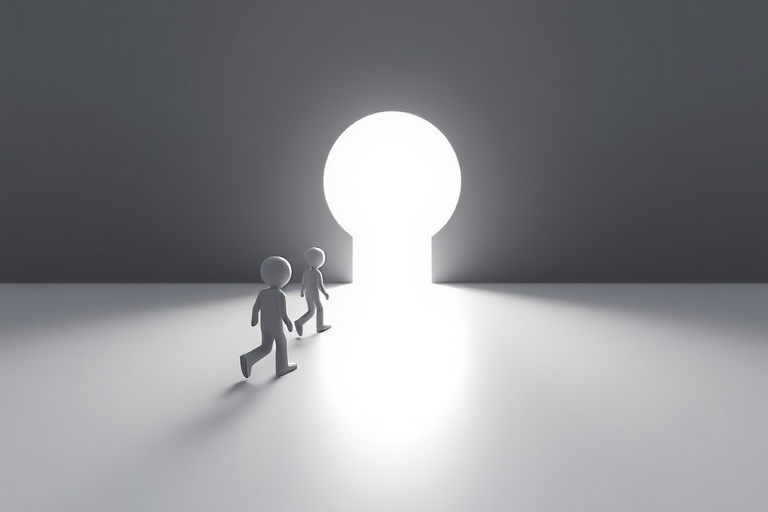 Create a 3D rendered scene of small humanoid figures walking towards a bright light emerging from a keyhole in a gray wall, with a 50mm lens, f/8 aperture, ISO 100, using a DSLR camera with soft lighting and a shallow depth of field for enhanced focus on the figures.