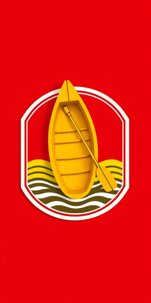 Create a vibrant emblem featuring a yellow wooden boat with an oar on a red background, shot with a DSLR camera at f/8 aperture, ISO 100, and a focal length of 50mm, in a flat lay style for enhanced image quality.