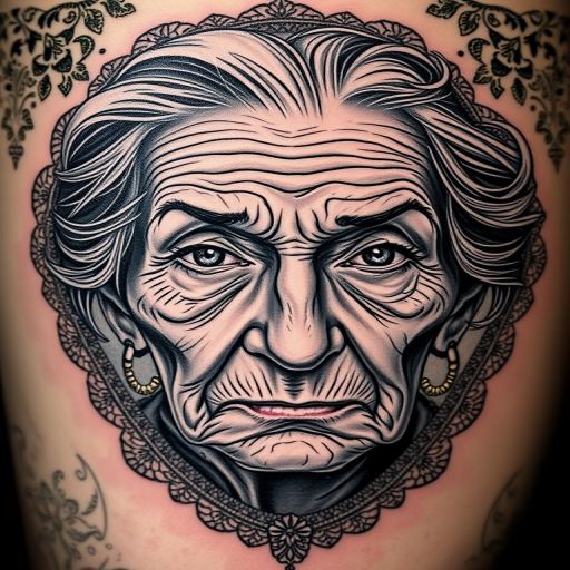 Realistic black and grey portrait tattoo called "Timeless Gaze" depicting an elderly woman's weathered face with intricate wrinkles, piercing eyes, and wispy hair, surrounded by a frame of delicate lace patterns