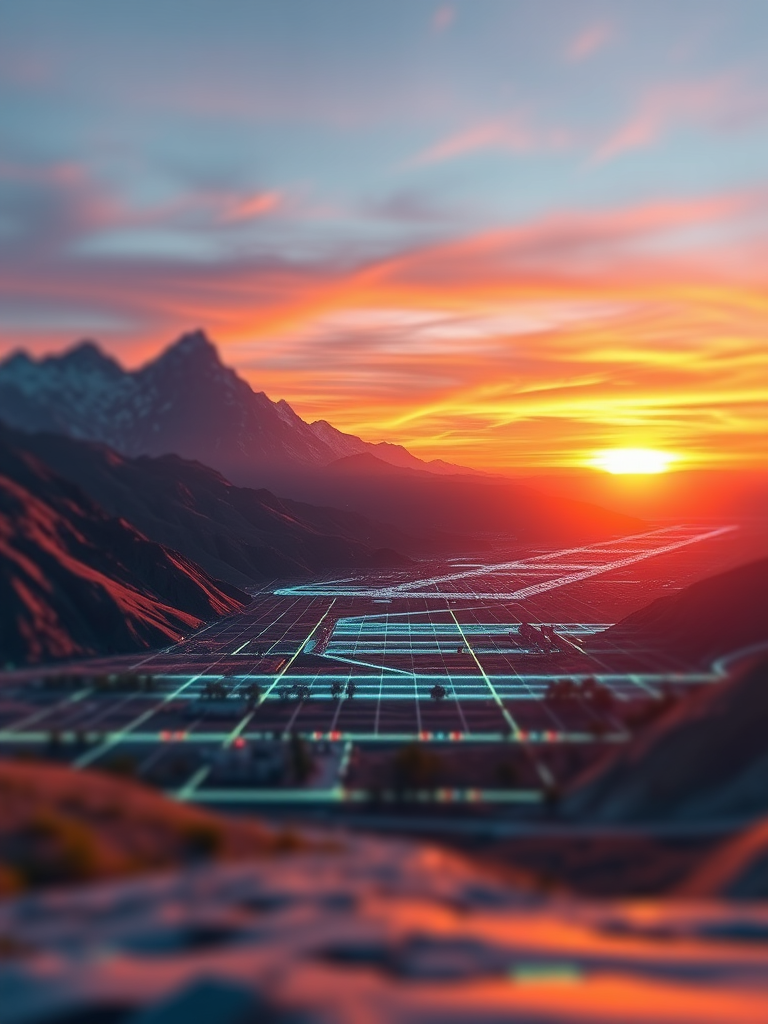 Generate a high-resolution digital art image of a futuristic landscape with a glowing grid in the valley, mountains in the background, and a vibrant sunset; use a wide-angle lens at f/8 aperture, ISO 100, 24mm focal length, with a slight tilt-shift effect for added depth.