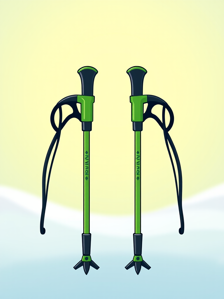 Create an illustration of two stylized green and black ski poles with a clean design, using a high-resolution camera with a 50mm lens, aperture set to f/2.8, ISO 100, shot from a front view with a soft focus background.