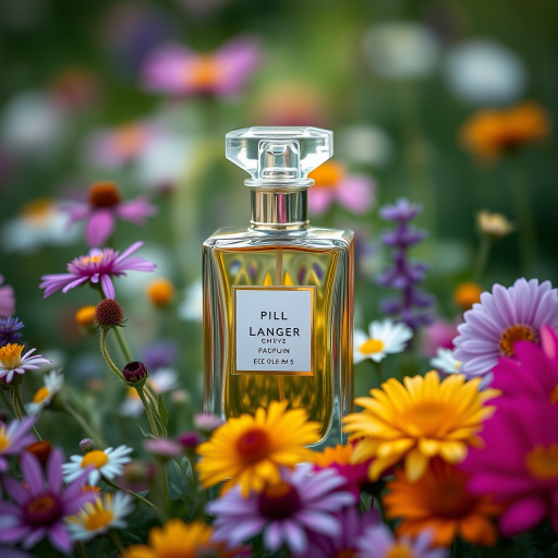 Create a close-up photograph of an elegant perfume bottle surrounded by various colorful wildflowers in a blurred garden setting, using a Canon EOS R5 camera with a 50mm f/1.2 lens, aperture set to f/2.8 for a shallow depth of field, ISO 200, and a soft natural light to enhance details and reflections.