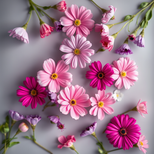 Create a high-resolution pattern of colorful flowers in shades of pink and purple on a soft gray background, using a DSLR camera with a 50mm lens at f/1.8, ISO 100, and a shallow depth of field to enhance the details and vibrancy of the flowers.