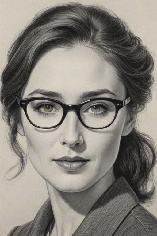 Comely Carice van Houten, pencil sketch, portrait of Graceful woman 1942s in glasses, hair style beatnik, outline, clear lines, fine lines, 8k