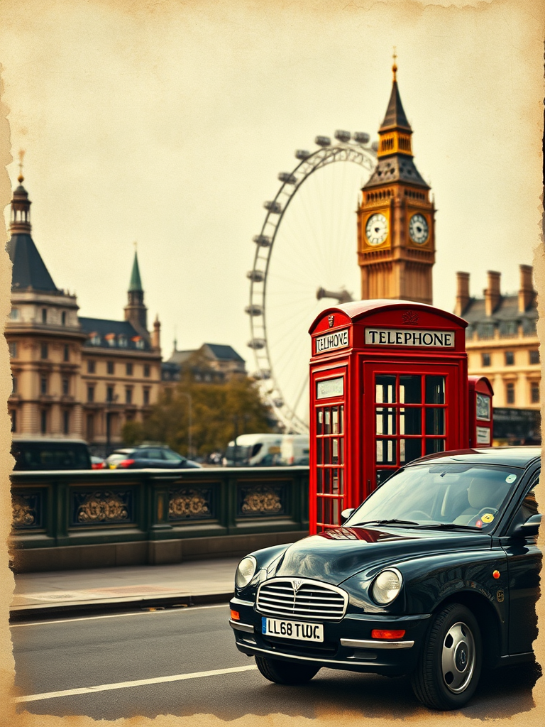 vintage postcard of London with Big Ben, London Eye, red telephone box, and black taxi cab, warm earthy tones, soft focus background, 50mm lens, f/2.8 aperture, ISO 100, natural lighting, shot from a slightly elevated angle, DSLR camera