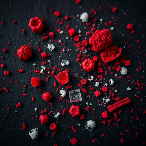 Create an abstract textured image with red and white elements on a dark background, using a DSLR camera with a 50mm lens, aperture set to f/1.8, ISO 100, and a low angle view to enhance depth and clarity.
