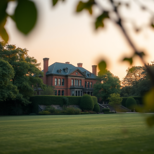 Generate a serene landscape featuring a grand brick mansion surrounded by lush greenery, captured with a DSLR camera at f/4.0 aperture, 50mm lens, ISO 100, 1/200 sec shutter speed, with a shallow depth of field to enhance the foreground and soft background blur, in golden hour lighting for warm tones.