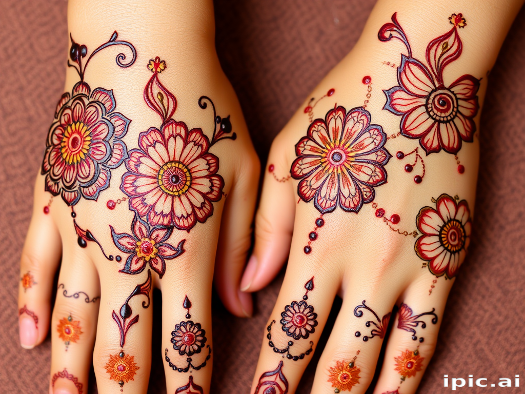 Intricate "Mendhi Inspired" tattoo showcases elaborate patterns and motifs drawn from traditional henna designs. Rich burgundy and warm terracotta hues create a sense of warmth and tradition, while gold accents add a touch of luxury. Delicate swirls, flowers, and geometric shapes flow organically across the skin, creating a beautiful and culturally inspired piece.
