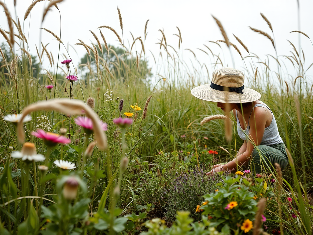 Overgrown garden, wildflowers and tall grass swaying gently in the breeze, a woman tends to a patch of herbs, her straw hat shading her face as she works.