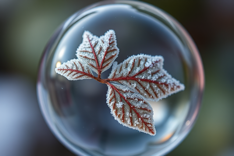 Close-up of a soap bubble containing frozen leaves, shallow depth of field, f/2.8, 50mm lens, ISO 100, natural light, macro photography.