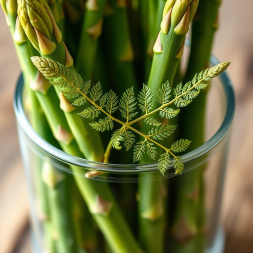 Create a high-resolution illustration of green asparagus spears with a delicate fern in a clear container, using a macro lens setting at f/2.8, ISO 100, and a soft, natural light style to enhance texture and detail.