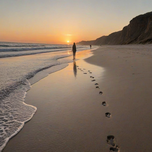 Deserted beach at sunset, a lone woman walks along the shoreline, her footprints trailing in the wet sand as the waves lap gently at her ankles.