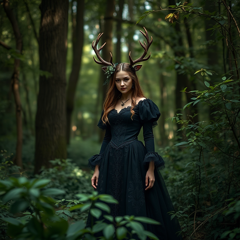 Regenerate the image of a mystical forest with a female character wearing a dark, ornate dress and antlers, standing among lush foliage, captured with a Canon EOS R5, 50mm lens, f/1.8 aperture, ISO 100, natural lighting, and a slightly low angle view for a whimsical effect.