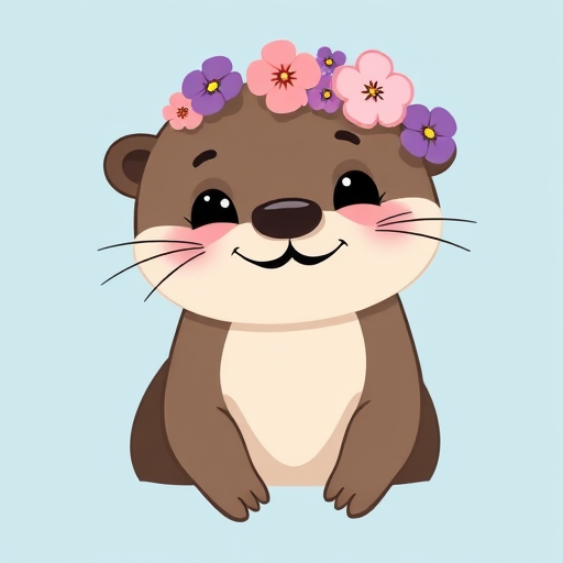Cute cartoon otter wearing a floral crown with pink and purple flowers against a light blue background, smiling and looking friendly.