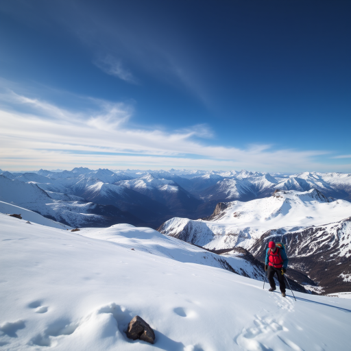 high-resolution landscape photo of a snowy mountain terrain with a lone hiker in the foreground, taken with a DSLR camera, 24mm lens, aperture f/8, ISO 100, shutter speed 1/200 sec, natural lighting, capturing a panoramic view of the mountains in the background