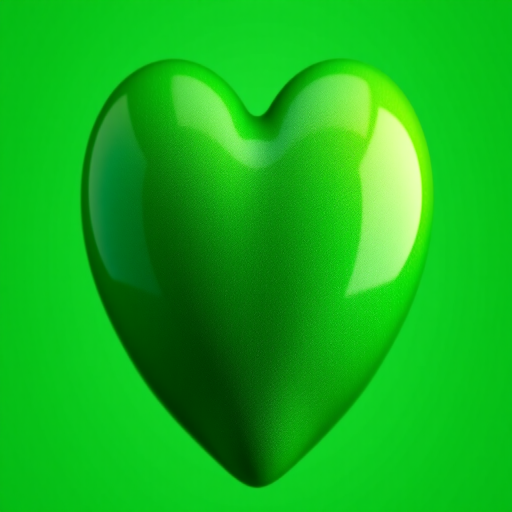 Create a high-resolution image of a glossy green heart, with a smooth gradient finish, using a Canon EOS 5D Mark IV, aperture f/2.8, ISO 100, and a focus distance of 50mm, taken from a straight-on perspective to enhance clarity and vibrancy.