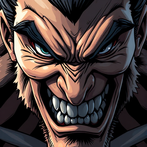 Create a highly detailed and dynamic illustration of a fierce character face with sharp features and intense expressions, captured with a DSLR camera at f/1.8 aperture, ISO 200, 50mm lens, in a close-up view with dramatic lighting and high contrast.