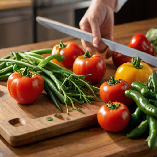 Warmly lit, close-up photo of a wooden cutting board covered in fresh vegetables, soft light illuminating the vibrant colors of tomatoes, peppers, and herbs, with a sharp chef's knife resting nearby.