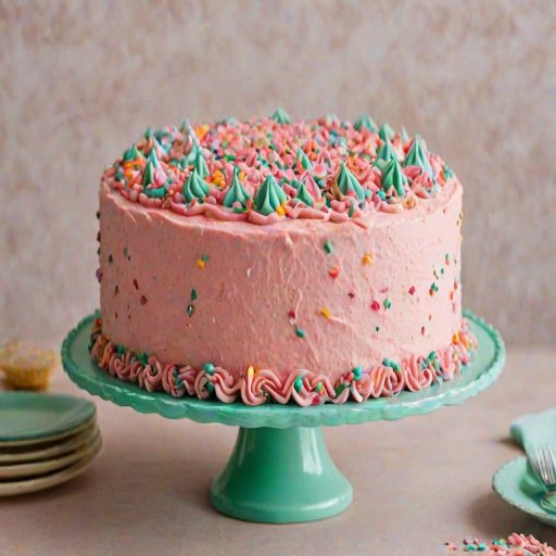 Create an image of a round cake with smooth pink frosting. The cake should have a decorative border of pink frosting rosettes on top, with colorful sprinkles scattered around the edge. Place the cake on a mint green cake stand, and set it against a simple, neutral background.