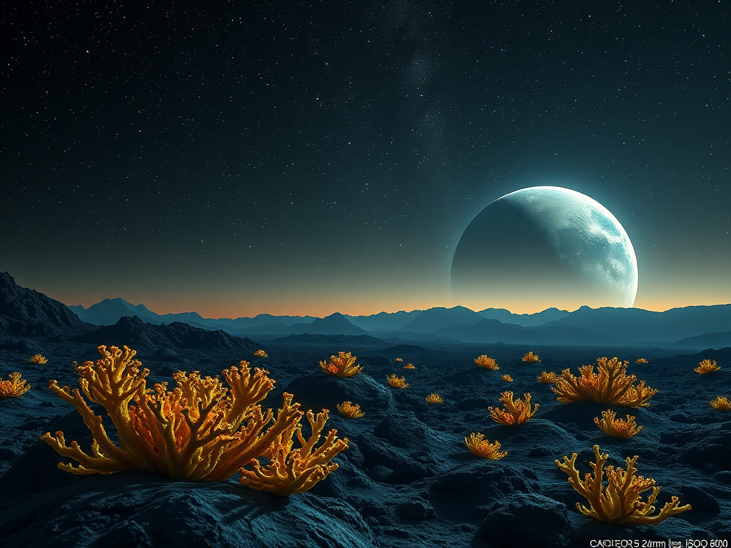 A distant alien planet with glowing coral-like structures in the foreground, under a starry sky with a massive gas giant planet in the background, shot with a Canon EOS R5, 24mm lens, f/2.8, ISO 800, at dusk for enhanced color and detail.