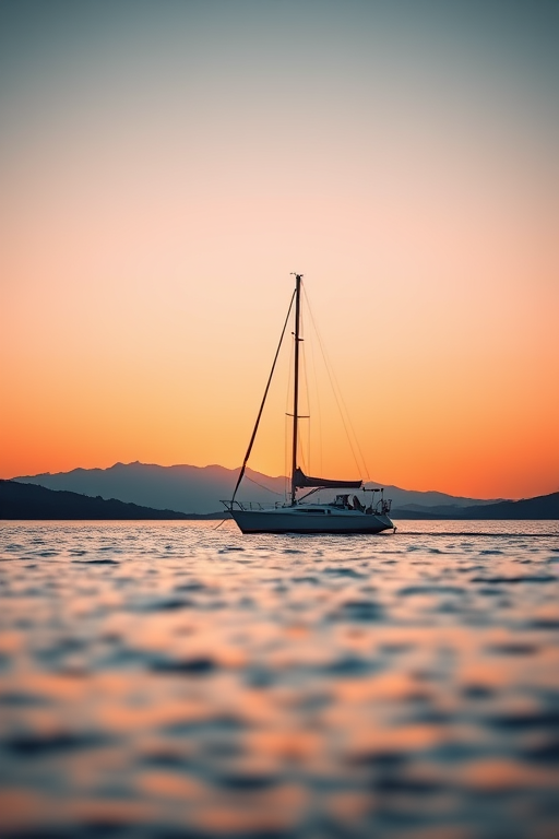 Softly focused image of a sailboat gliding across a calm lake at sunset, soft orange and pink hues reflecting off the water, with distant mountains and a peaceful, serene atmosphere blending into the background.