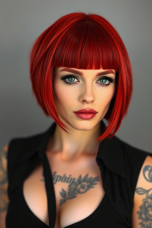 Fierce crimson bob with blunt bangs and hidden undercut designs revealed when styled up, dubbed "Ruby Rebel" exuding confidence and inner fire
