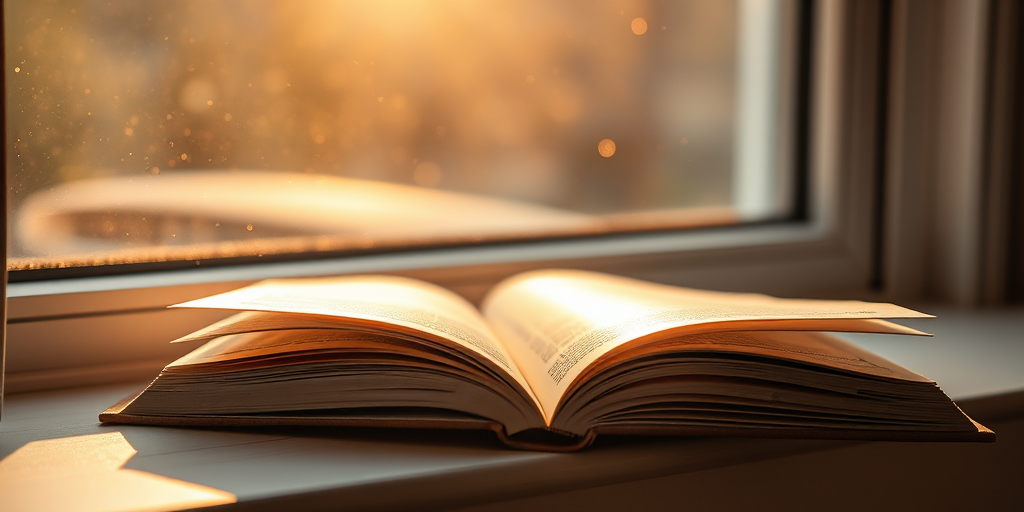 Softly lit close-up of a book lying open on a windowsill, pages gently turning in the breeze, with soft golden light streaming through the window and dust particles dancing in the sunlight.