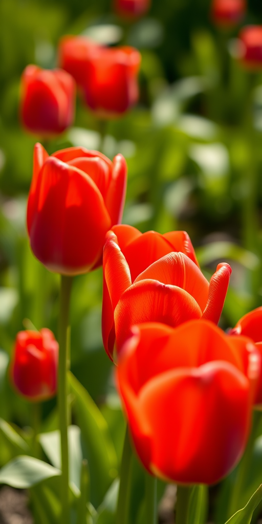 Close-up shot of vibrant red tulips in a lush green garden, f/2.8 aperture, 50mm lens, ISO 100, soft focus background, natural sunlight, DSLR camera.