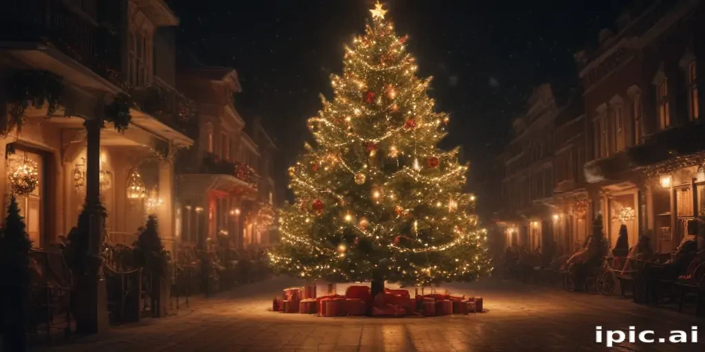 A Magical Christmas Scene with a Glowing Tree and Wrapped Gifts.