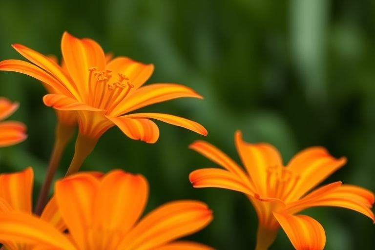 Capture a close-up of vibrant orange and yellow Alstroemeria flowers with a shallow depth of field, ISO 200, f/2.8, 1/250s, using a macro lens on a DSLR camera, natural light, and a blurred green background for emphasis on the blooms.