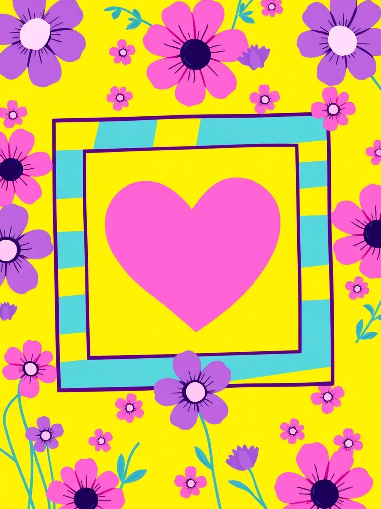 Create a vibrant digital illustration featuring a pink heart shape framed in a colorful square with blue and yellow stripes on a yellow background, surrounded by playful pink and purple flowers, with high resolution and a vector art style, using a 50mm lens, f/8 aperture, and soft lighting.