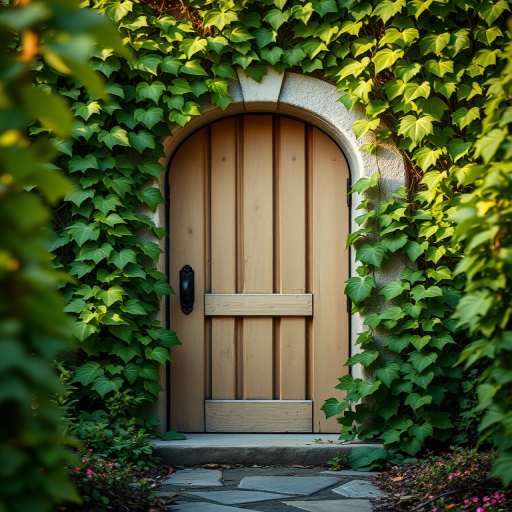 Generate a highly detailed image of an enchanting doorway surrounded by lush green vines and soft lighting, incorporating a DSLR camera type, 50mm lens, f/1.8 aperture, ISO 100, and a shallow depth of field to enhance the focus on the door and surrounding foliage.