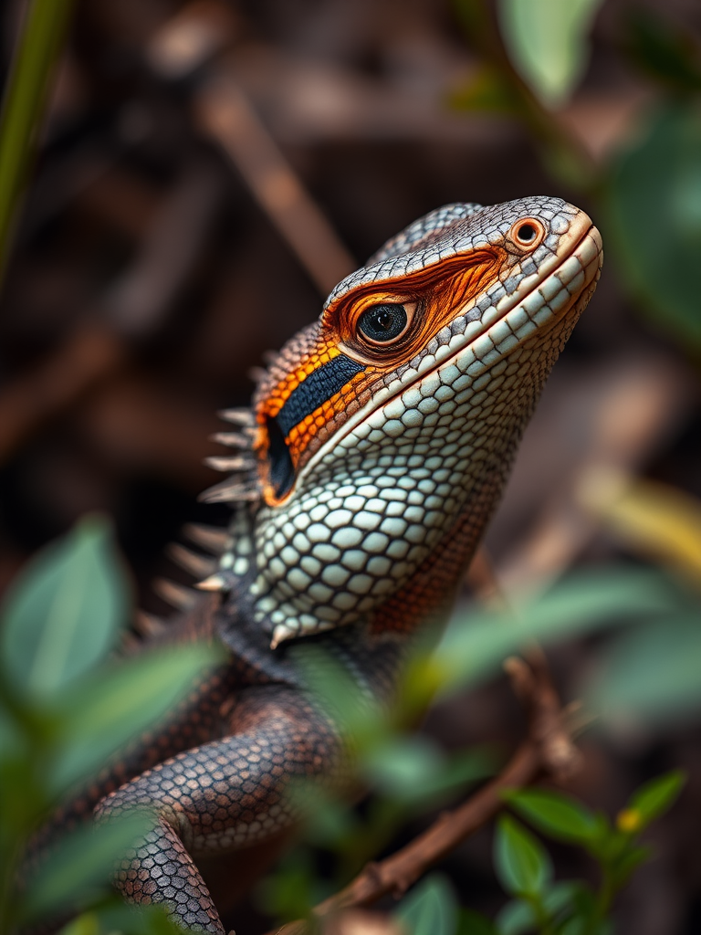 capture a close-up of a monitor lizard in its natural habitat with a shallow depth of field, using a DSLR camera with a 50mm lens at f/2.8, ISO 200, and a shutter speed of 1/250 sec, focusing on the texture of the lizard's skin and the surrounding foliage for enhanced detail and clarity