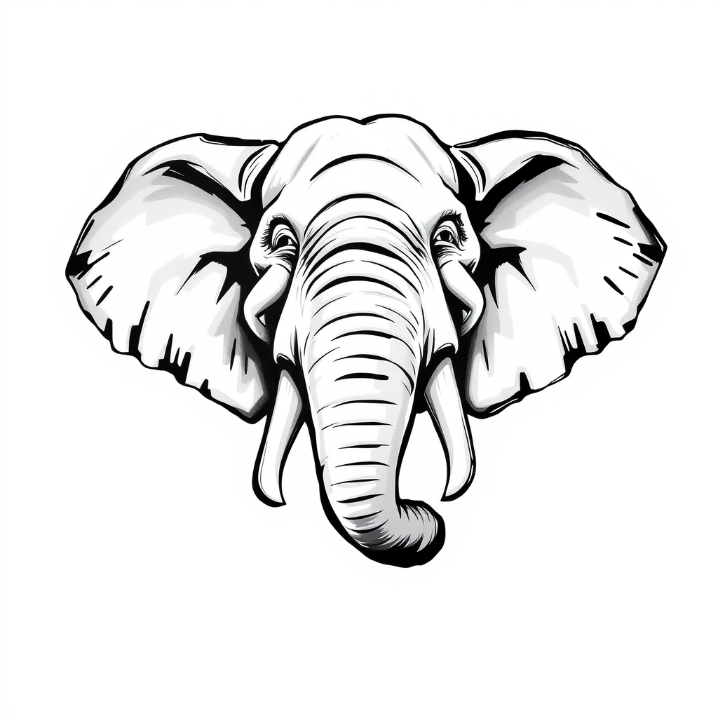 Abstract black and white acrylic portrait of an over exaggerated laughing (elephant). Minimalism style. White background.