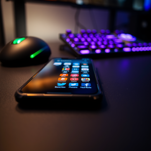 close-up view of a smartphone displaying social media apps on a dark surface with a gaming mouse and keyboard in the background, shot with a DSLR camera at f/2.8, 1/60s shutter speed, ISO 200, natural low light setting, macro lens for sharp detail and depth of field.