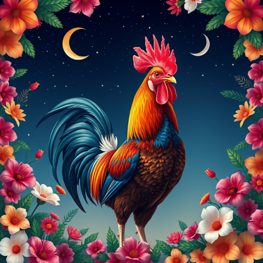 Create a vibrant, colorful rooster standing proudly in a floral frame under a starry night sky with a crescent moon, using a DSLR camera with a 50mm lens, f/1.8 aperture, ISO 200, and a vibrant color profile for enhanced detail and richness.