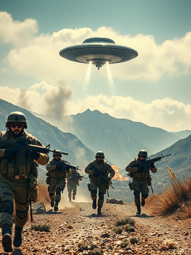Create an image of armed soldiers running towards a UFO taking off in a mountainous landscape with smoke and explosions in the background, using a Canon EOS R5 camera with a 24mm lens, aperture set to f/8, shutter speed at 1/500s, ISO 200, in a dramatic low angle view to enhance the sense of urgency and action.