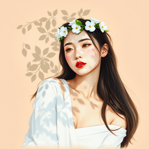 create a watercolor painting of an ethereal portrait of beautiful Taiwanese woman with a simple white flower crown on her head. Her hair is long and she is lying on the ground. The sunlight on the trees casts shadows from the leaves on her face and body. The background is a neutral brown color that matches her skin tone. The image is minimalist and solid colors. This style is characterized by soft, delicate brushstrokes and a light, airy, contrasting color palette. High level of detail and play of light